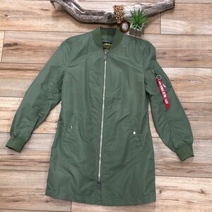 Alpha Industries Army Green Long Bomber Flight Jacket Coat